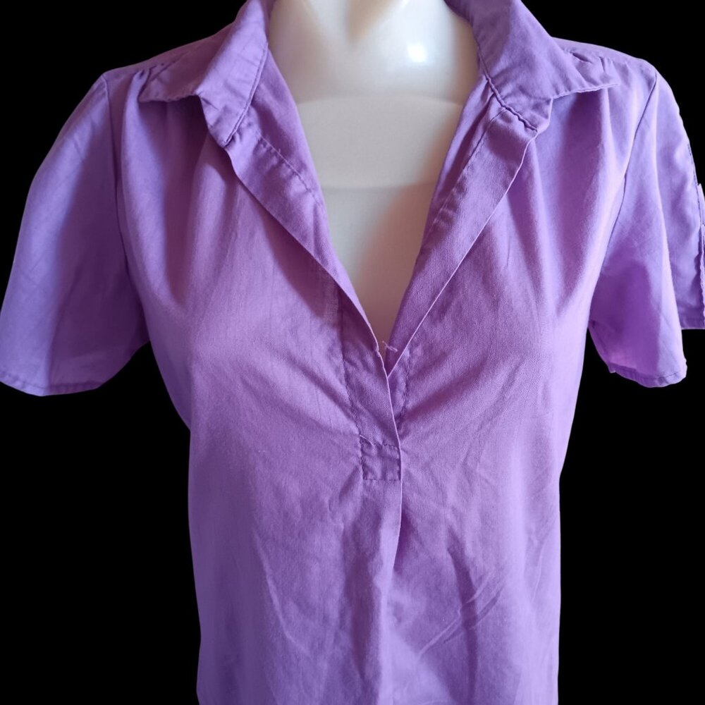 Vintage Women's Medium Blouse Top 70's Purple Collared Button Sleeve Peasant